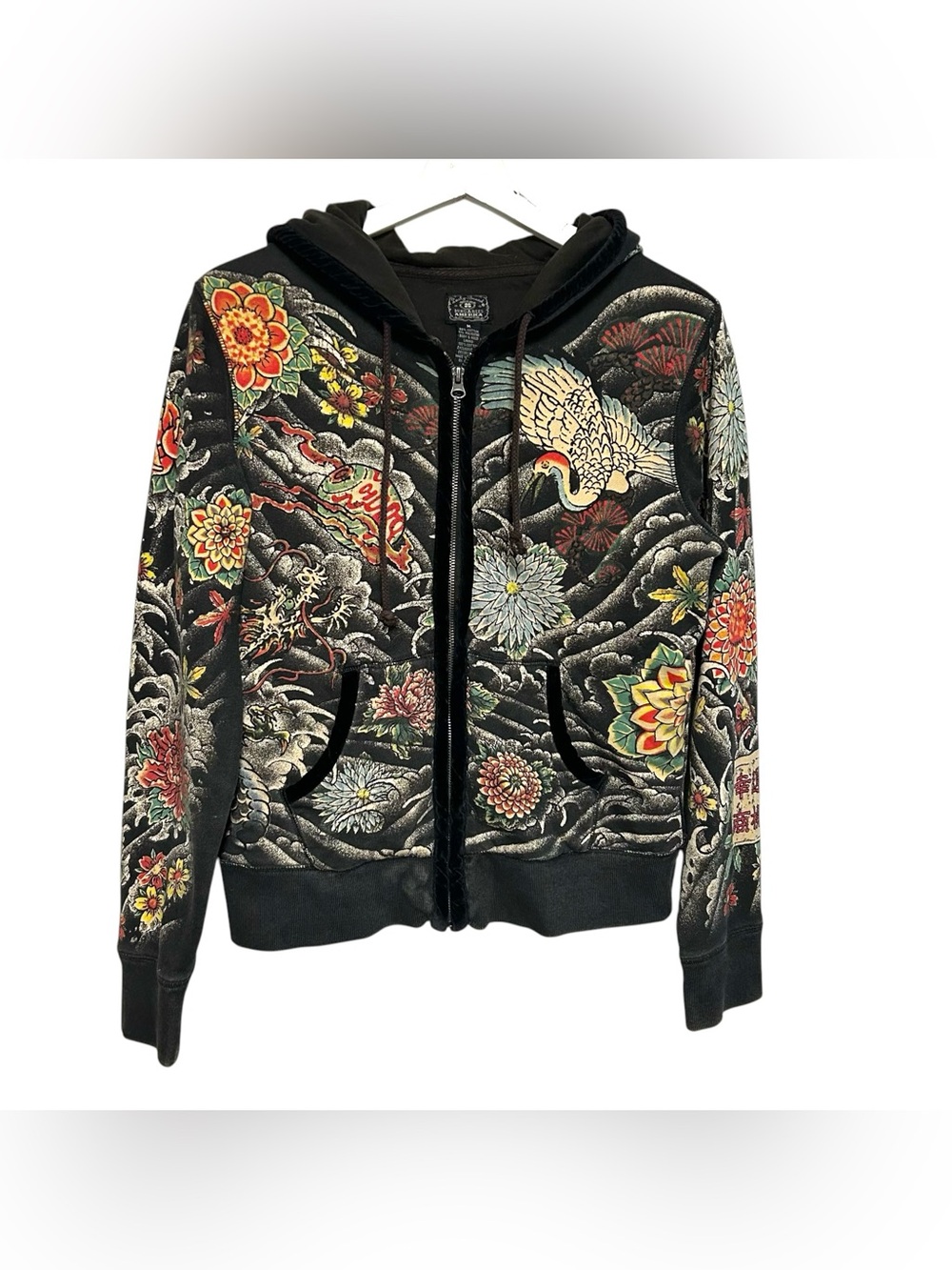 Y2K Lucky Brand M hoodie Asian dragon crane floral tattoo full zip sweatshirt